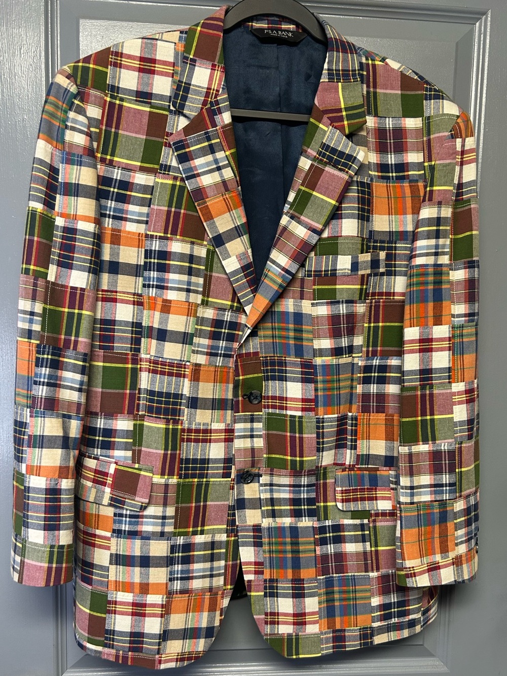 Jos.A.Bank vintage cotton madras patchwork blazer. Looks new. size 44S NICE!